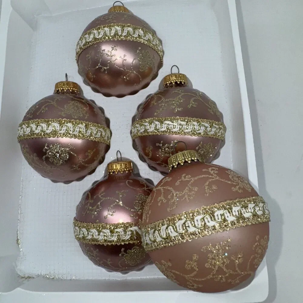 5 Vintage Dusty Antique Rose Gold Krebs‎ Glass Ball Ornament Victorian Chic 2.5